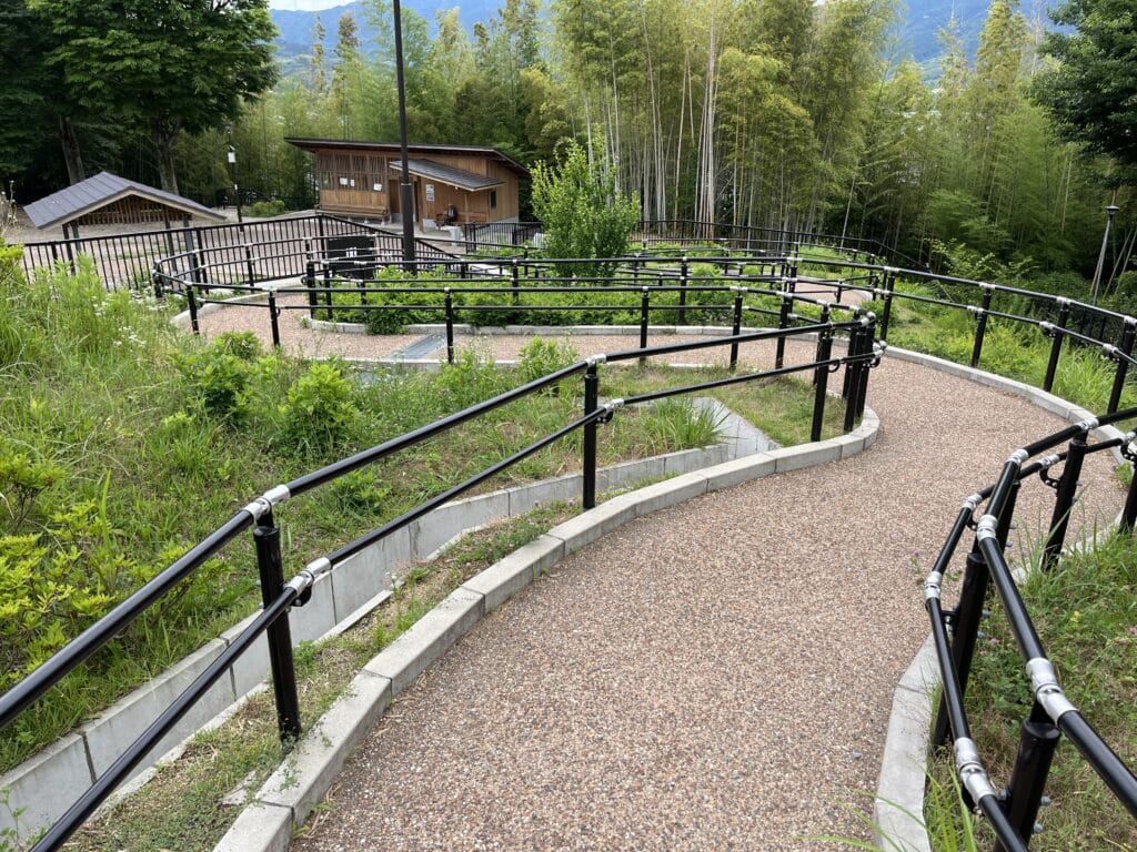 Winding gravel path with black metal safety rails through a garden, a wooden shed in the background and tall bamboo beyond.