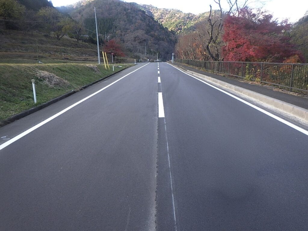 Two-lane road stretches into a hilly, forested landscape with autumn trees on both sides and a railing on the right side of the road edge.