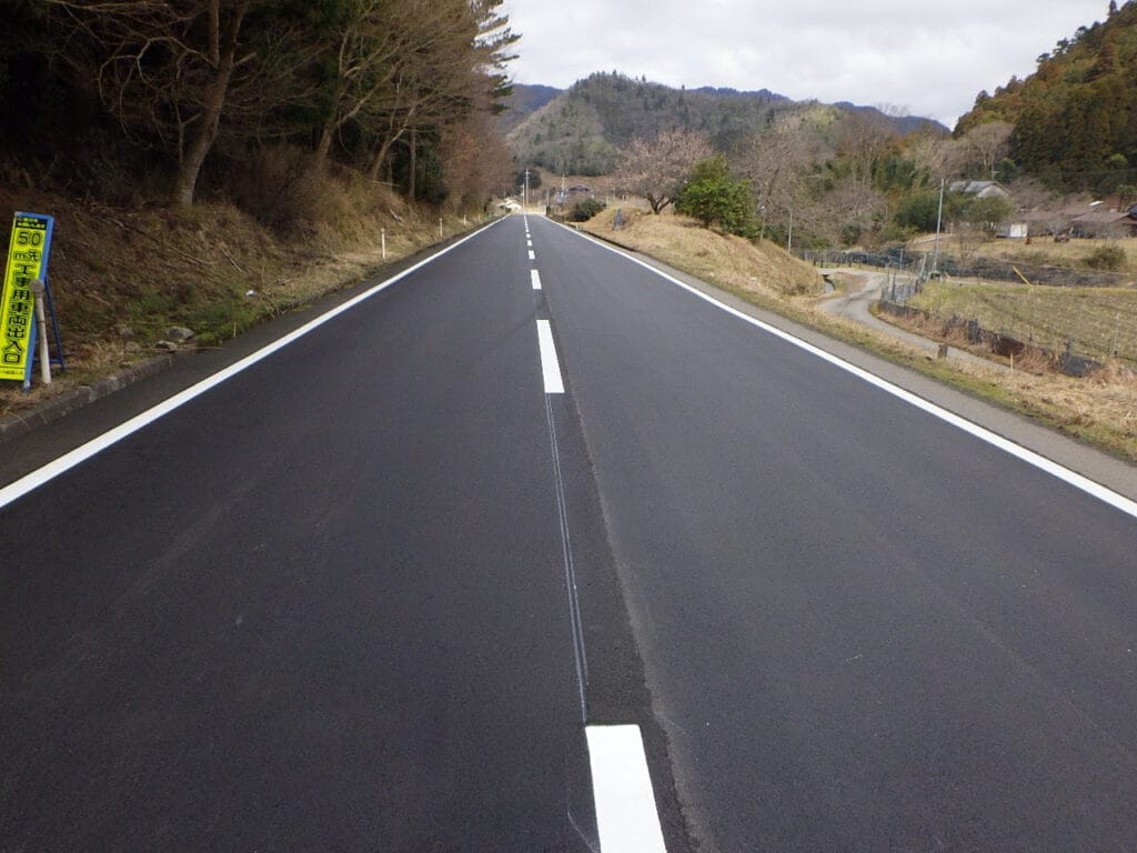 Two-lane rural road stretches into the distance, white edge lines on each side, trees on the left and fields on the right.