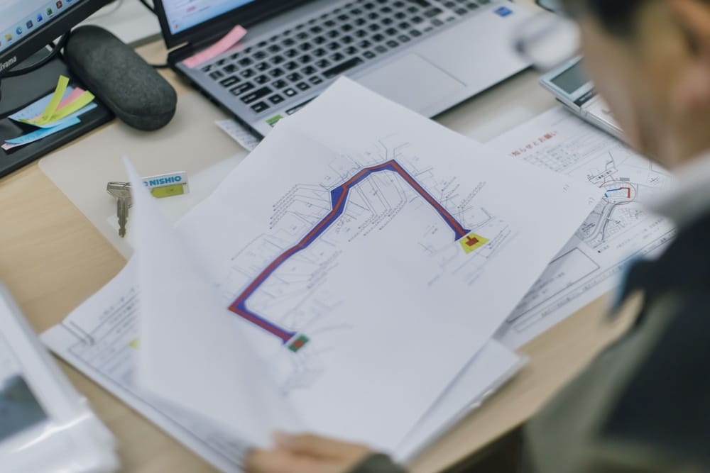 Person studying a printed map with a blue and red route line on a desk beside a laptop.