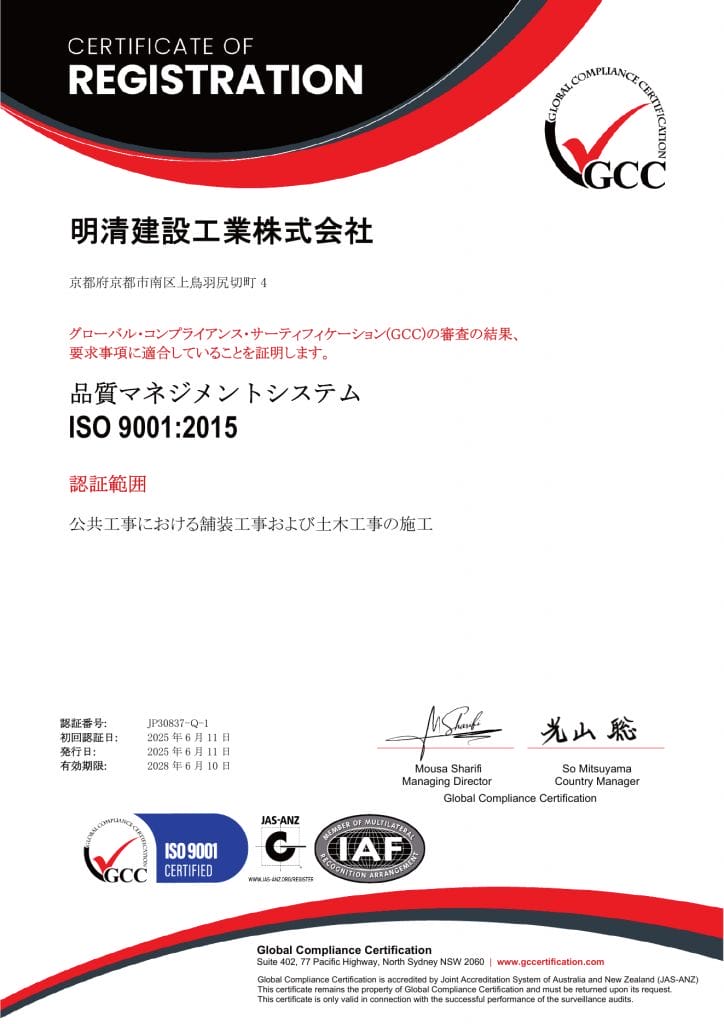 Certificate of Registration from Global Compliance Certification with GCC logo, ISO 9001:2015 badge, and signatures on a curved red/blue design.